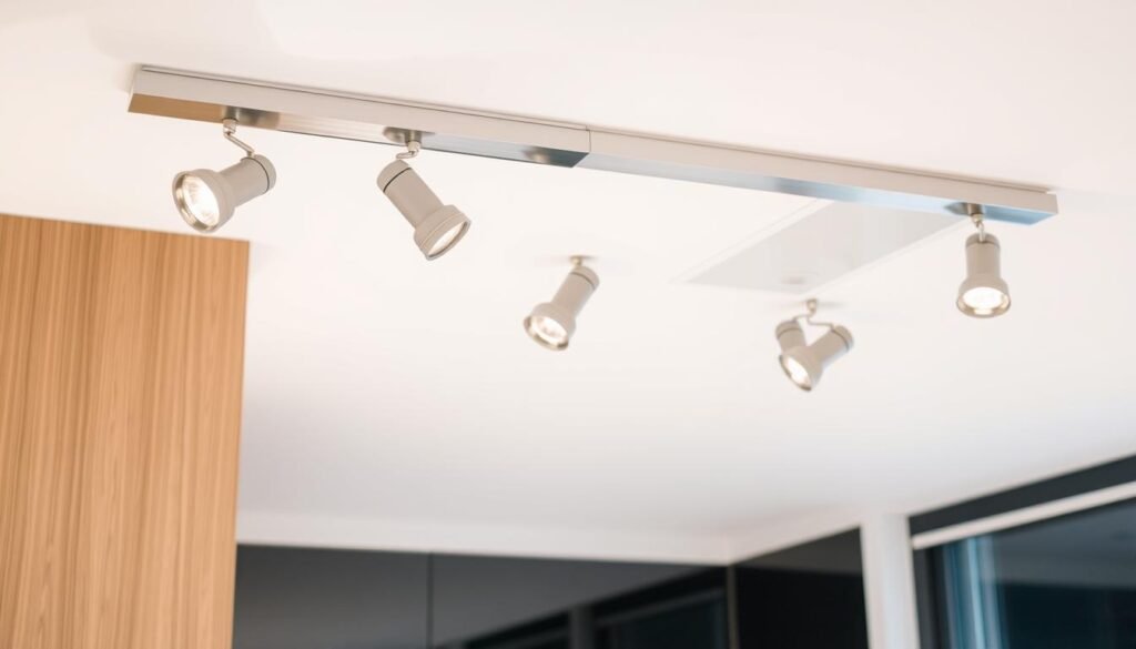 Modern track lighting system with adjustable heads in a kitchen