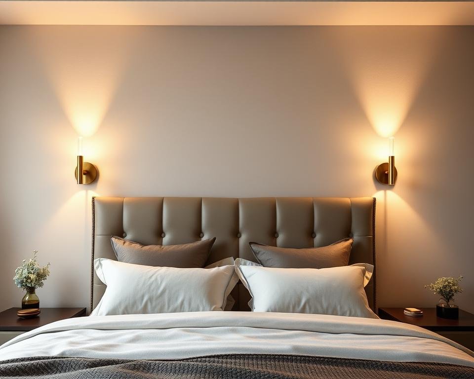 Modern wall sconces mounted on either side of a bed headboard providing directed light