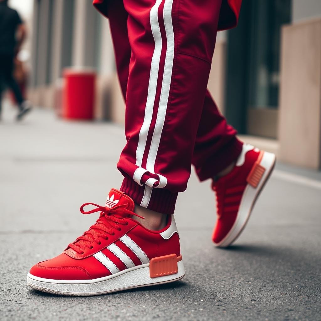 Monochromatic red outfit with red adidas shoes