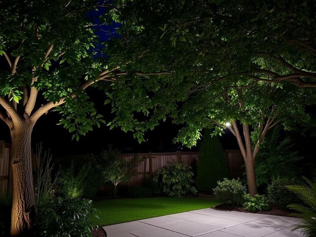 Moonlighting effect with lights placed high in tree creating dappled shadows below