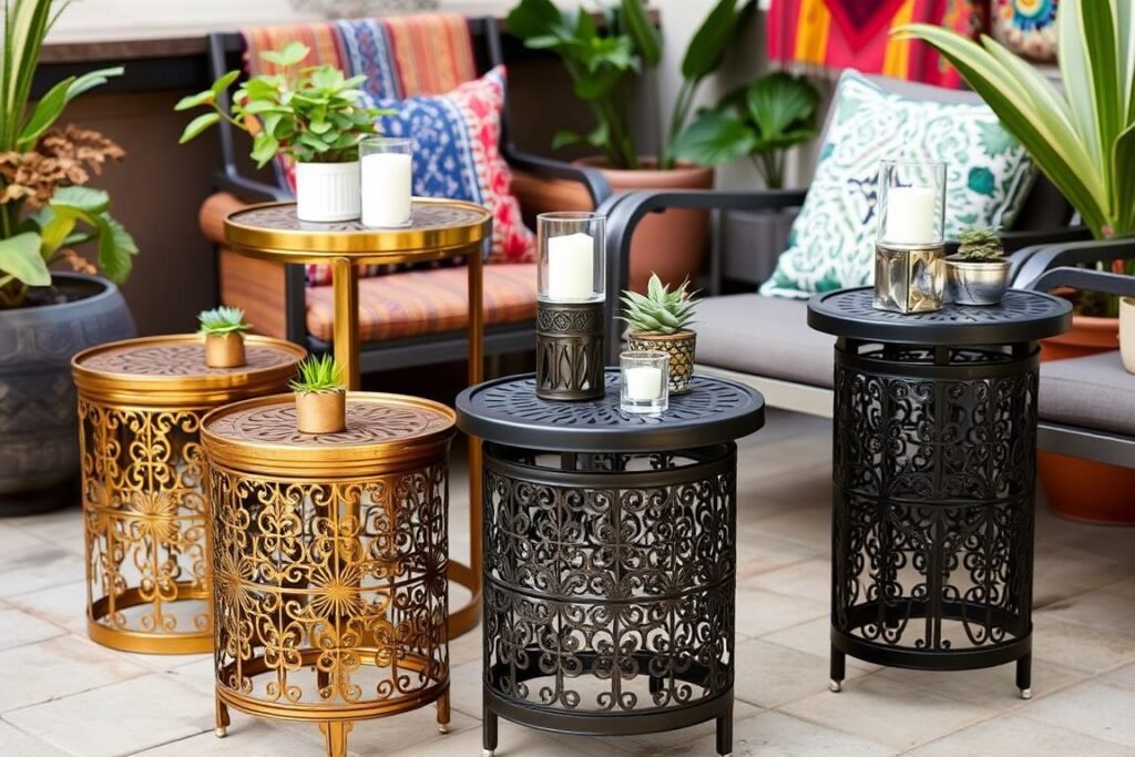 Moroccan-inspired metal accent tables on a boho patio