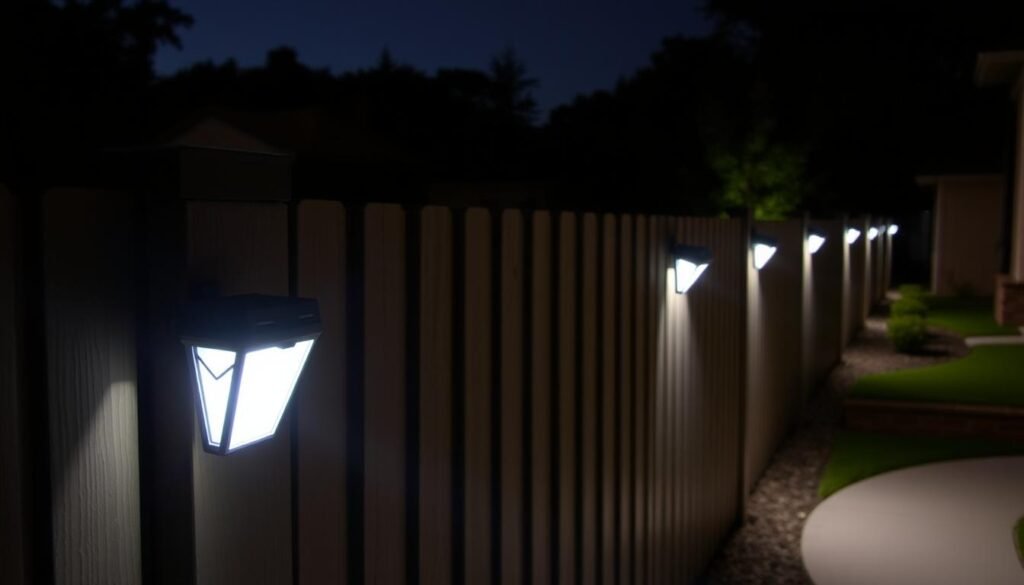 Motion-activated security lights mounted on a fence illuminating a pathway
