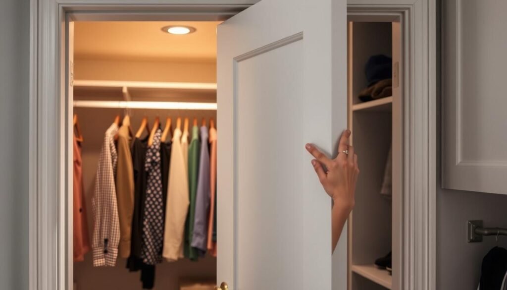 Motion sensor light activating as closet door opens, illuminating the entire space
