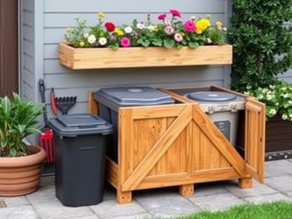 Multi-functional trash can storage outdoor unit with planter top and tool storage