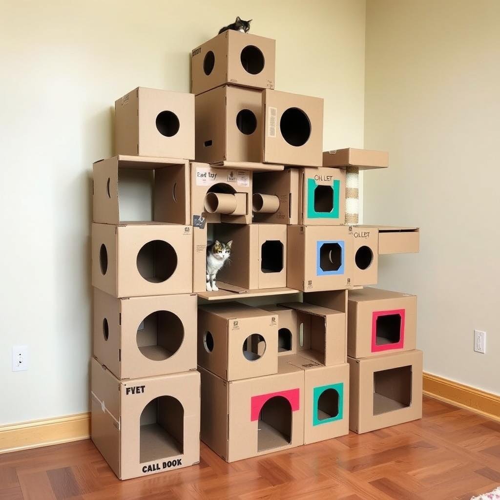 Multi-level cardboard cat condo with connected boxes and platforms