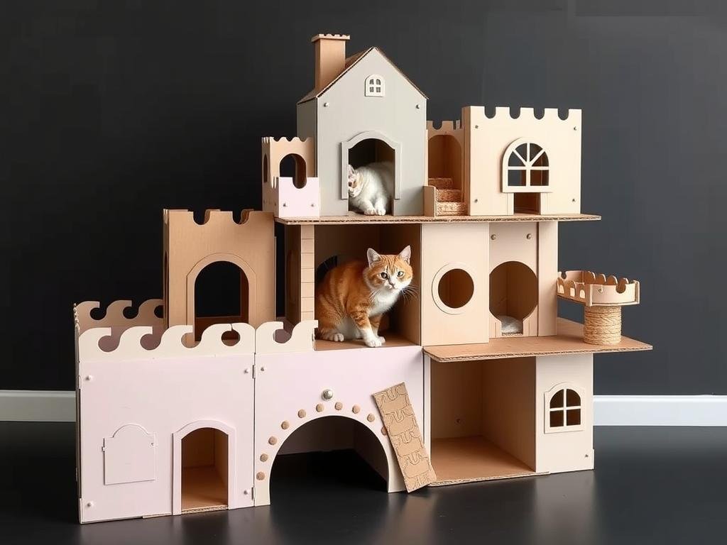 Multi-level cardboard cat house with multiple entrances and play areas