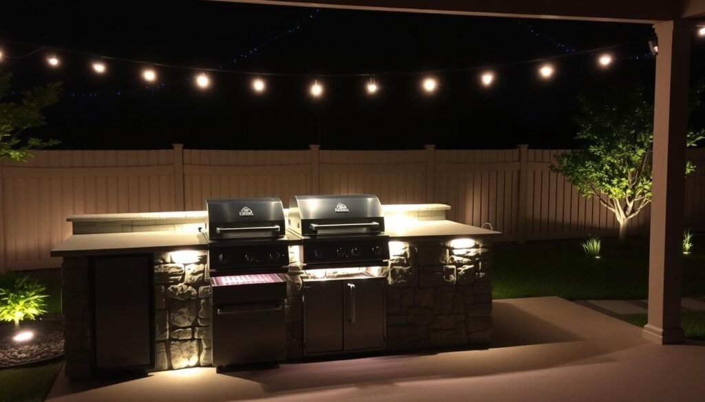 Nighttime outdoor grill area with various lighting elements creating ambiance