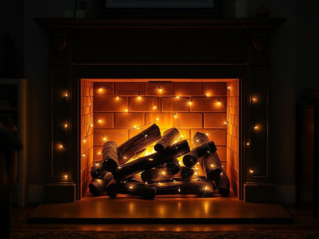 Non-working fireplace in a living room filled with string lights arranged among decorative logs, creating a warm glow