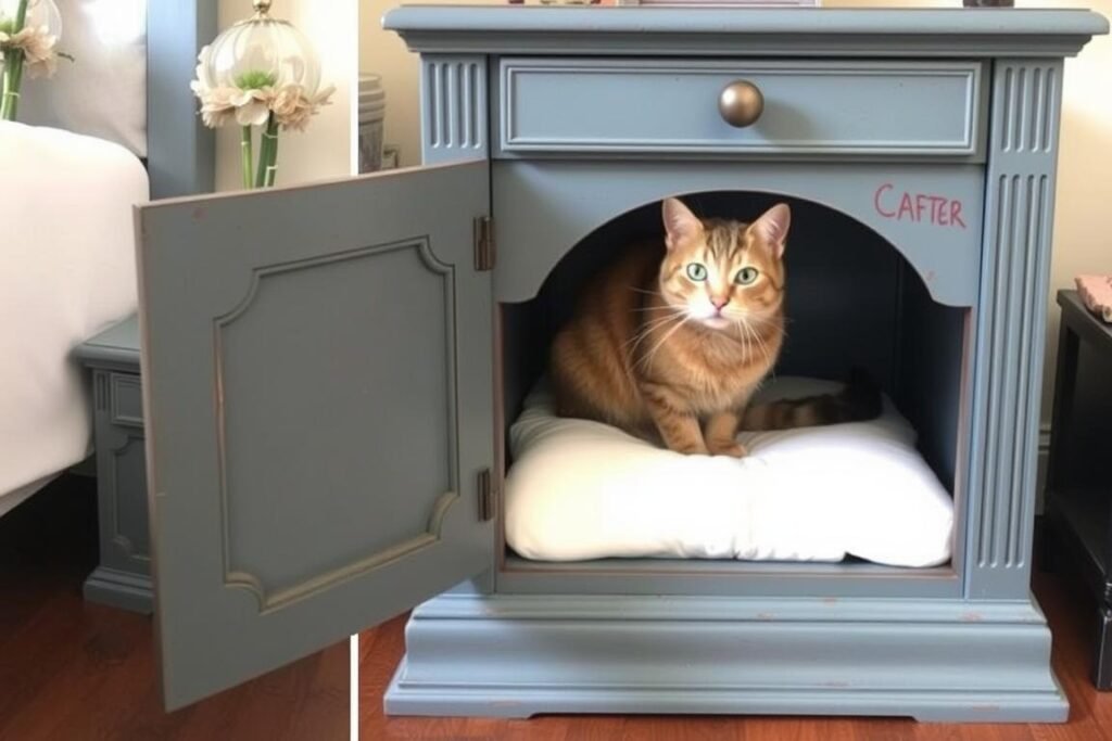 Old nightstand transformed into an elegant cat house with cushioned interior