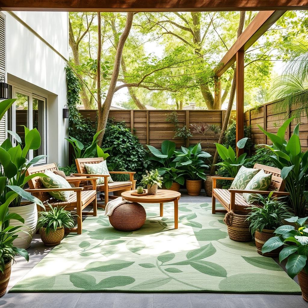 Organic patio with leaf-patterned outdoor rug