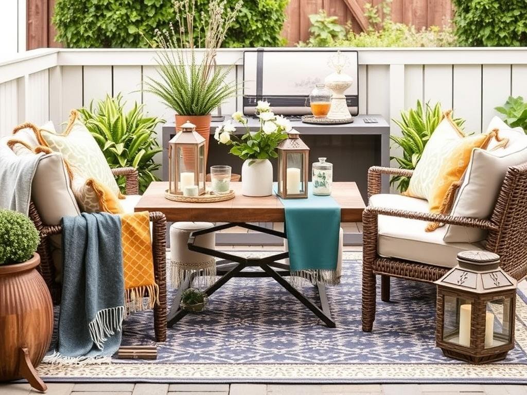 Outdoor accessories including throw blankets, tableware, and decorative objects on patio furniture