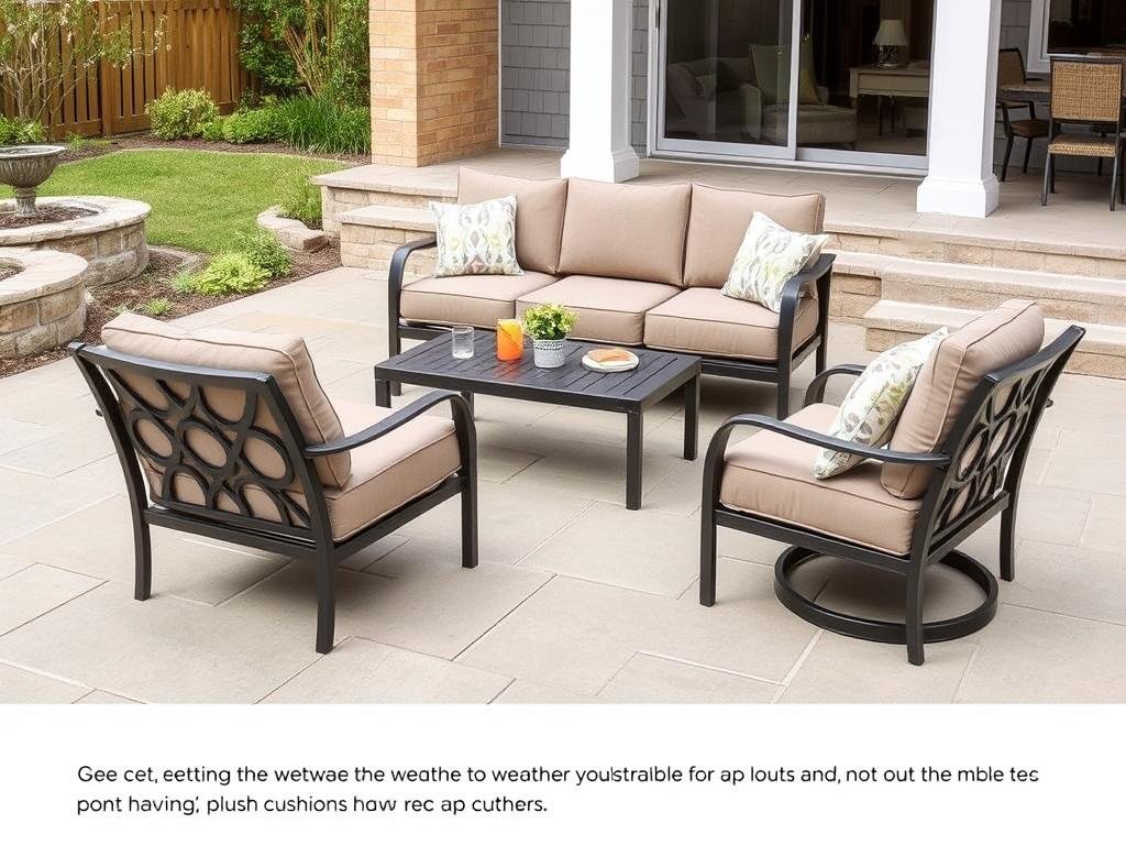 Outdoor conversation set with sofa, chairs, and coffee table arranged for socializing