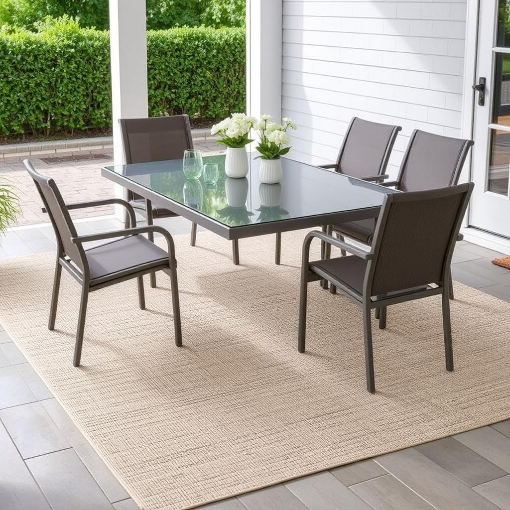 Outdoor dining area with properly sized rug under table and chairs