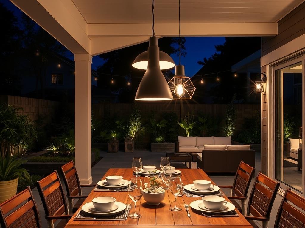 Outdoor dining area with stylish pendant lights hanging above the table