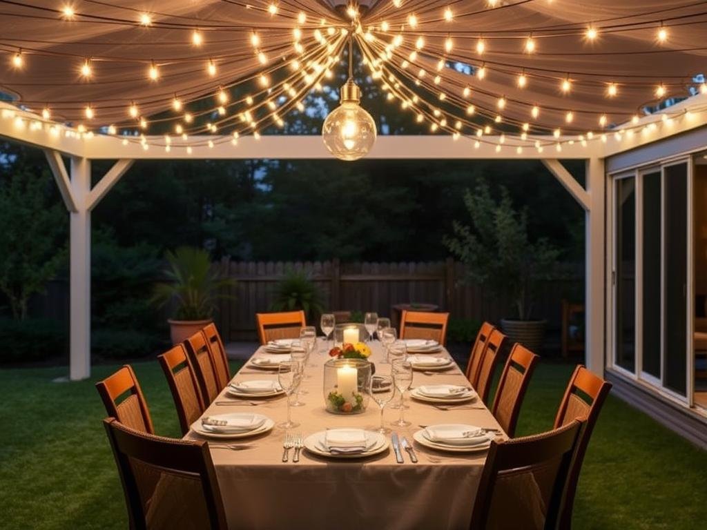 Outdoor dining table under concentrated string lights creating a chandelier effect