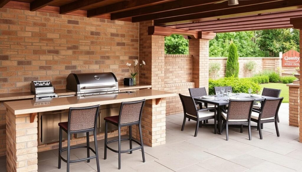 Outdoor grill area with bar seating and adjacent dining table setup