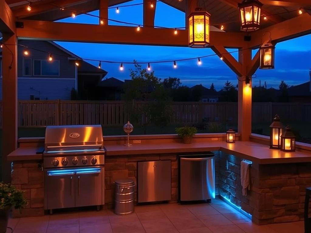Outdoor grill station with ambient lighting at dusk