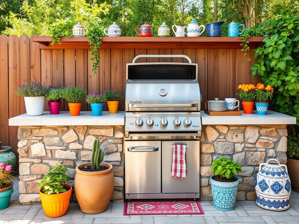 Outdoor grill station with colorful accessories and plants