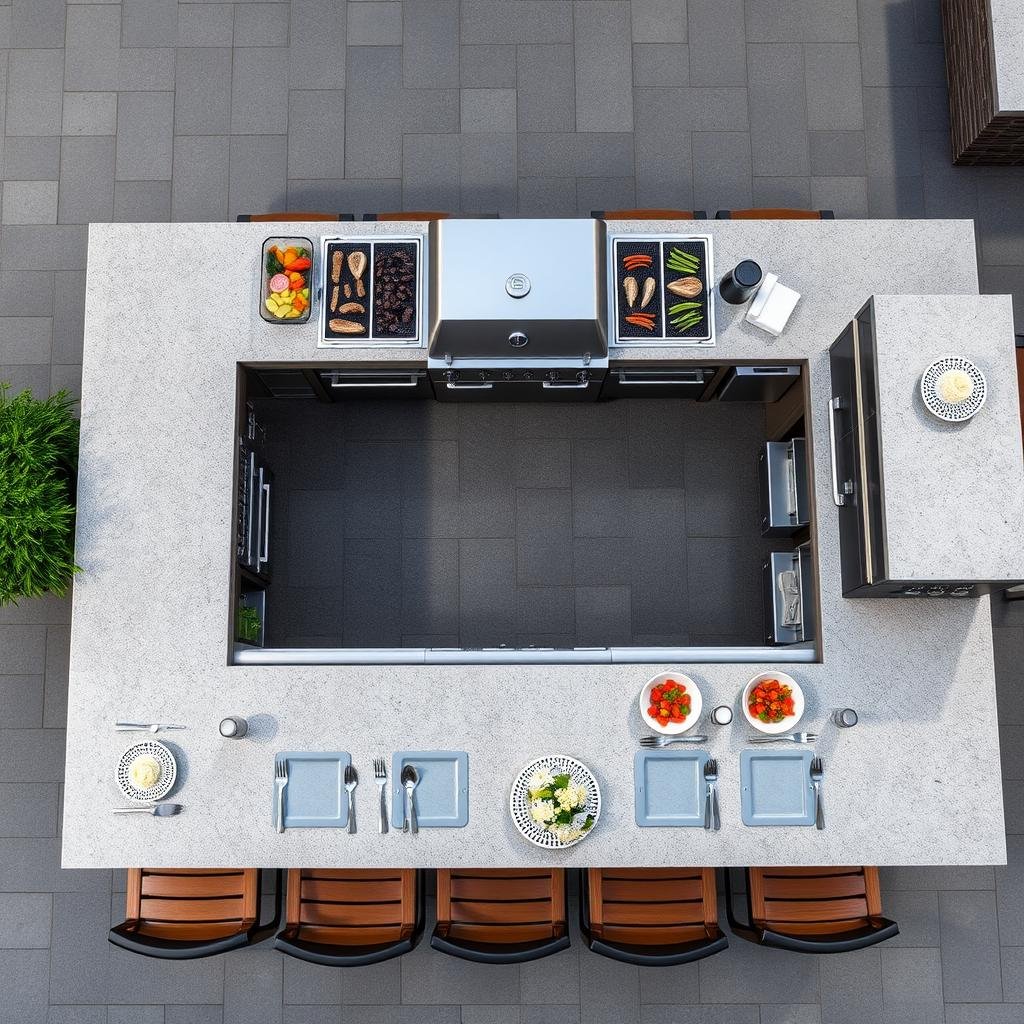 Outdoor grill station with functional zones for cooking and entertaining