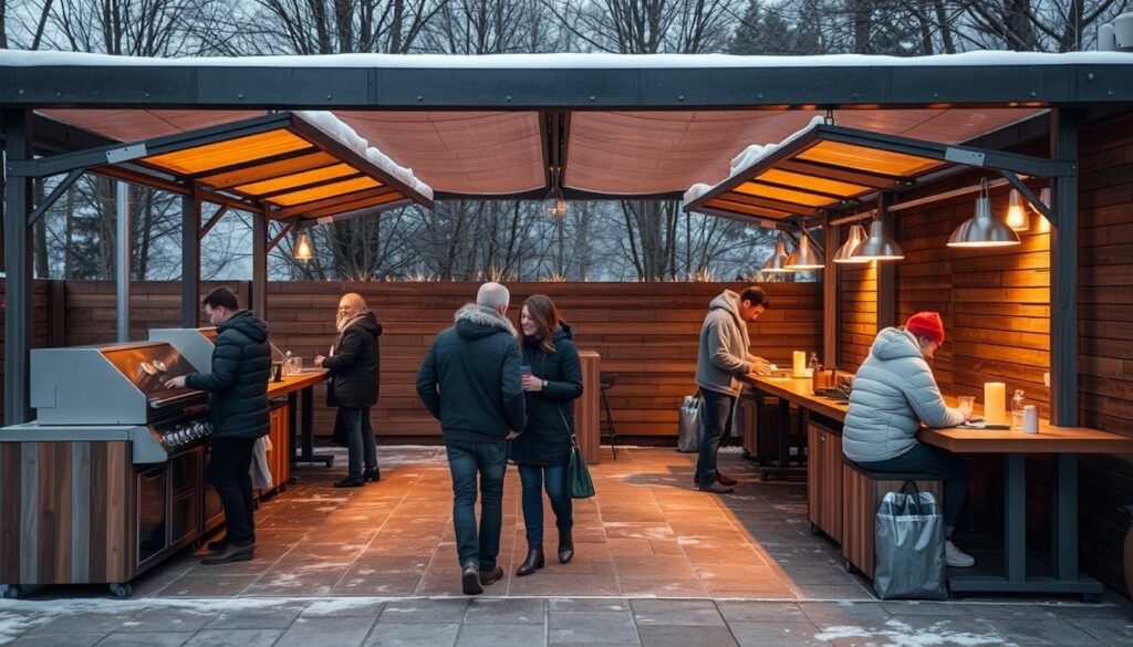 Outdoor grill station with heating elements for cold weather use