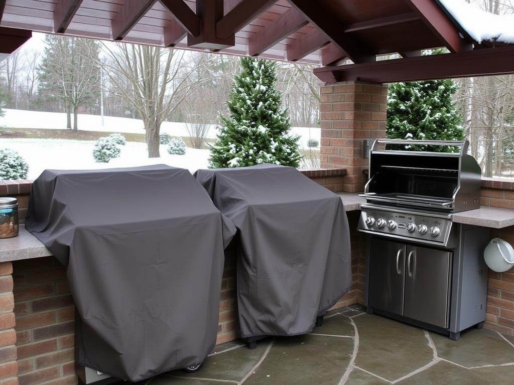 Outdoor grill station with protective covers for winter