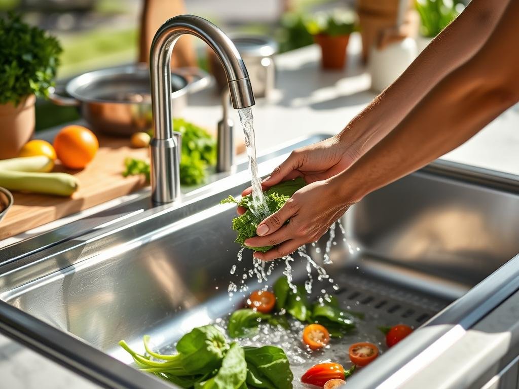 Outdoor kitchen sink with running water