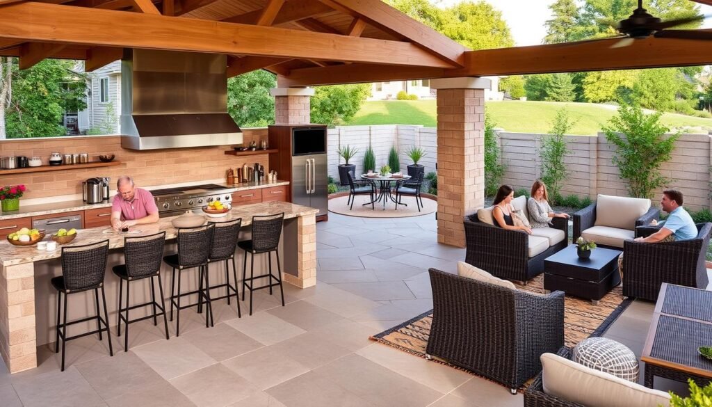 Outdoor kitchen with integrated dining and seating areas