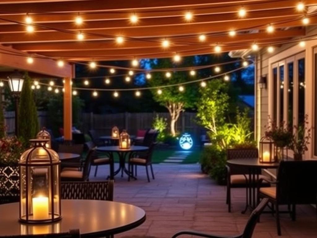 Outdoor lighting including string lights, lanterns, and solar fixtures creating ambiance in evening patio setting