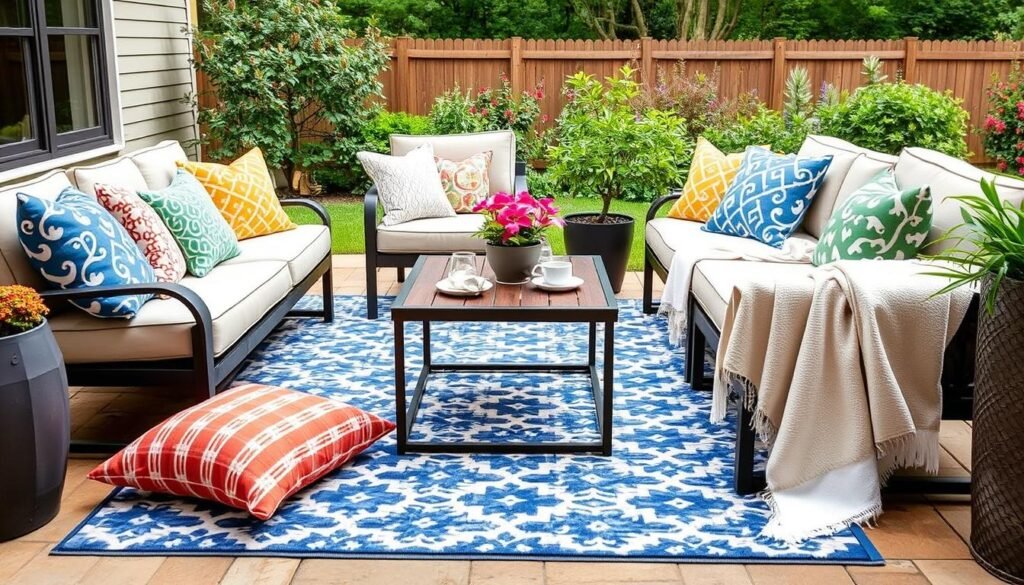 Outdoor patio with colorful weather-resistant pillows and a patterned outdoor rug