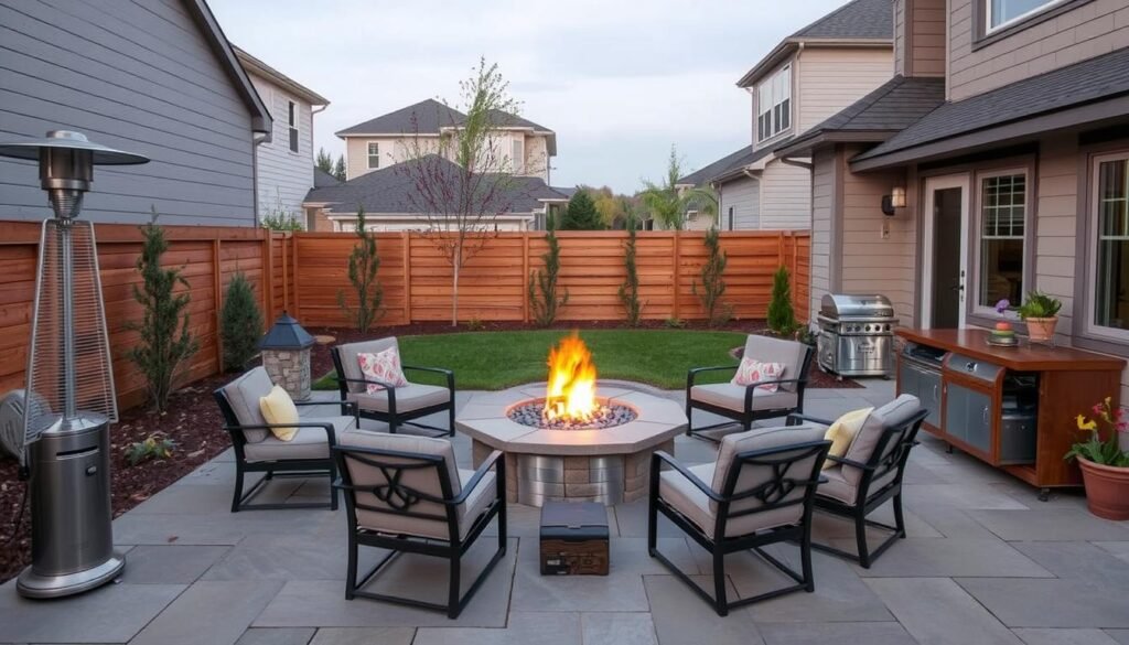 Outdoor patio with fire pit, heater, and storage elements integrated into the design