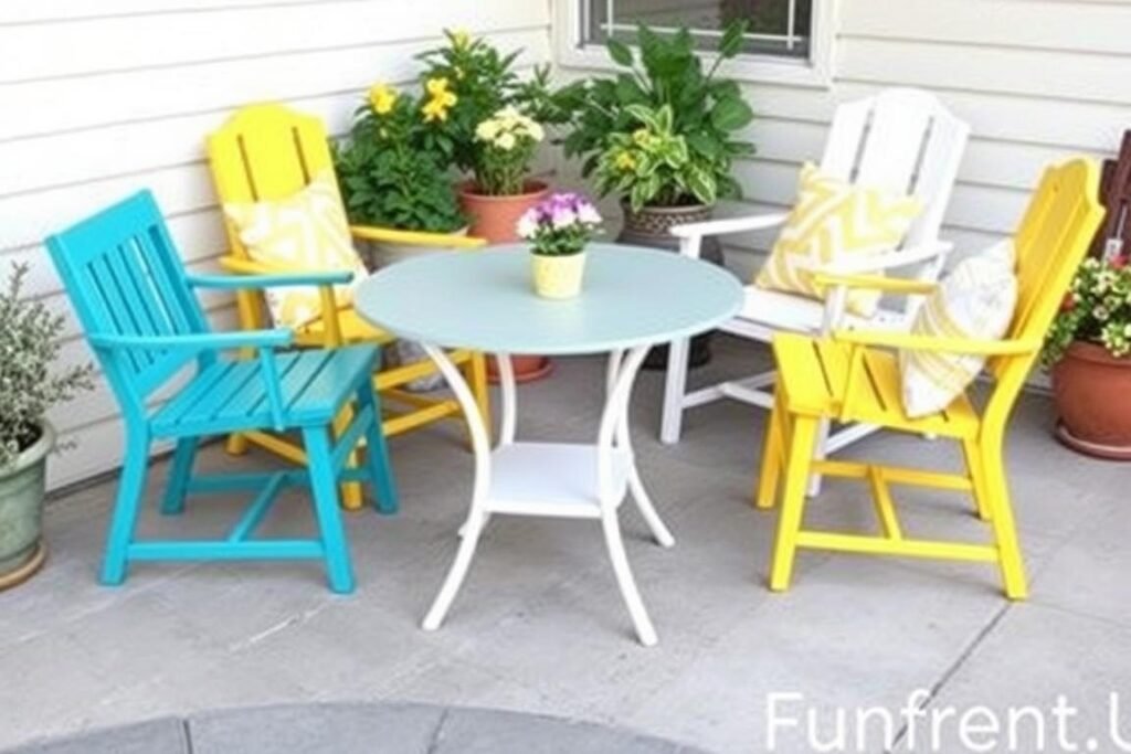 Outdoor patio with refurbished thrifted furniture painted in bright colors
