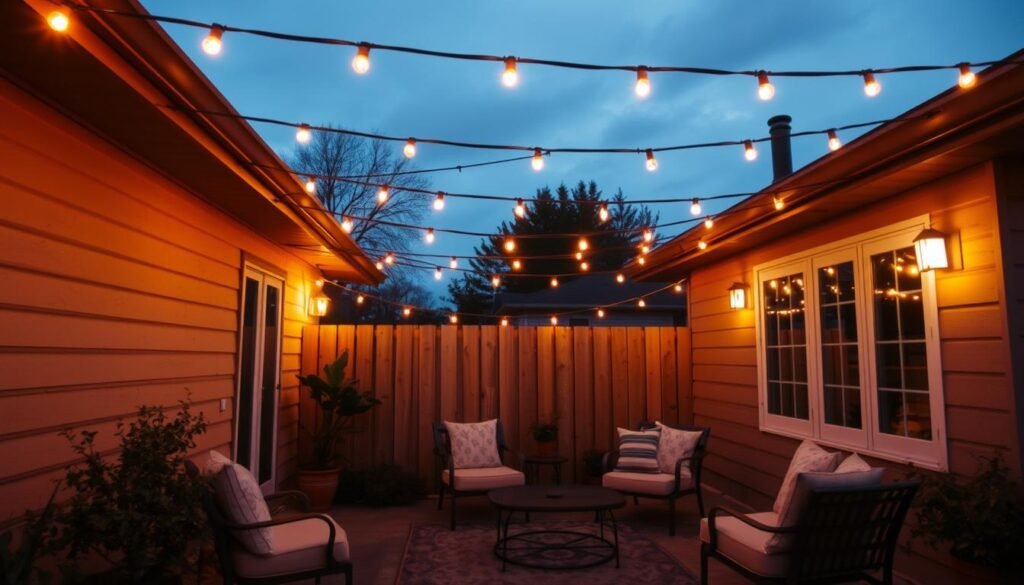 Outdoor patio with string lights creating magical ambiance on a budget