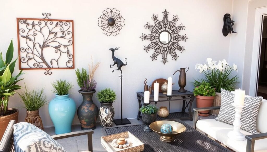 Outdoor patio with various decorative accents including wall art, sculptures, and tabletop decor