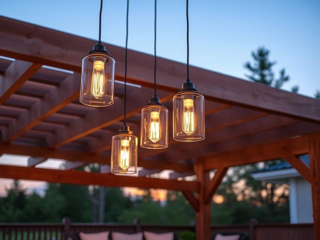 Outdoor pendant lights hanging from a pergola over a deck seating area Outdoor pendant lights hanging from a pergola over a deck seating area