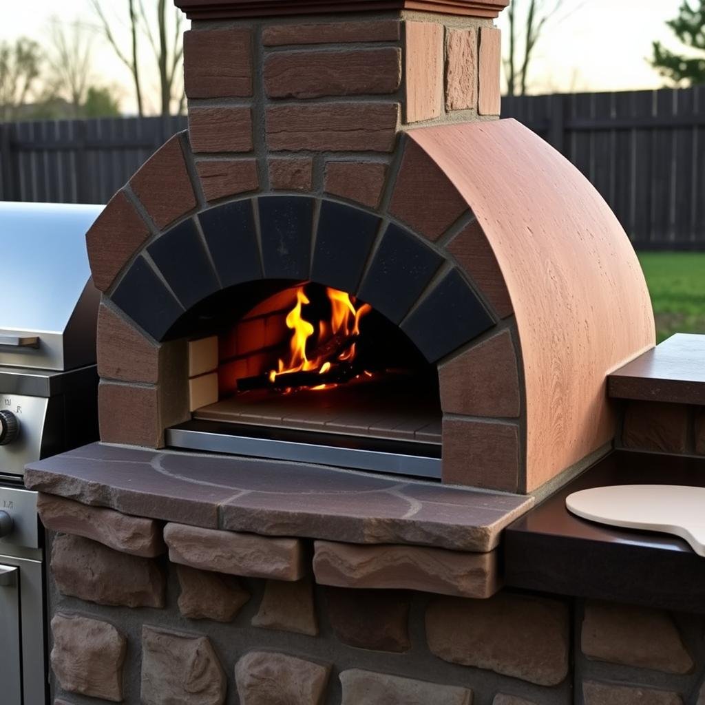 Outdoor pizza oven with stone base in grill station