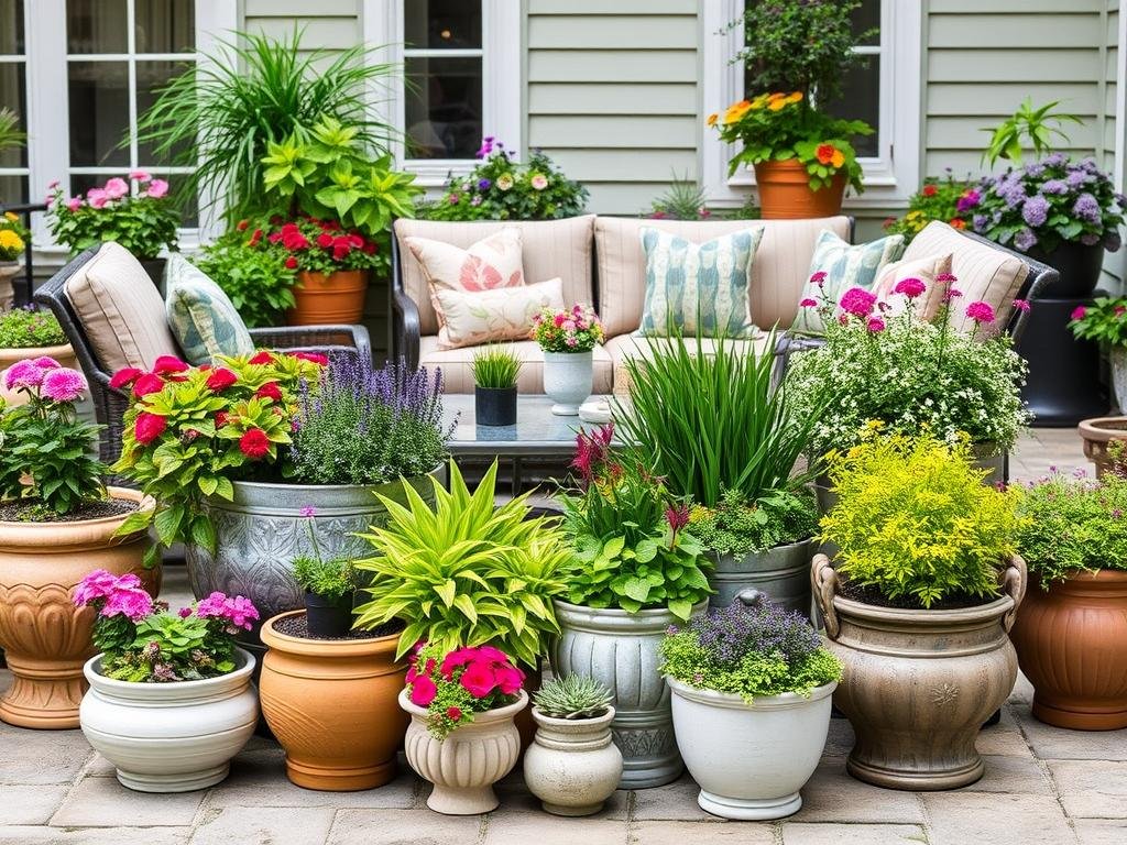 Outdoor planters with colorful flowers and greenery surrounding patio furniture