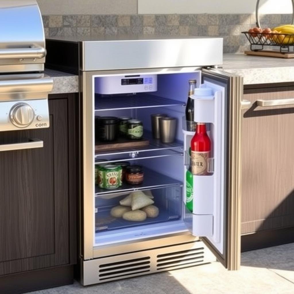 Outdoor refrigerator in grill station cabinet