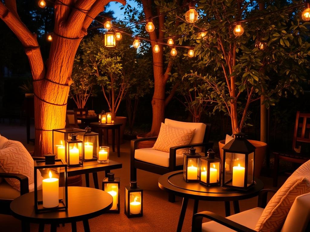 Outdoor seating area with lanterns and candles creating warm ambiance