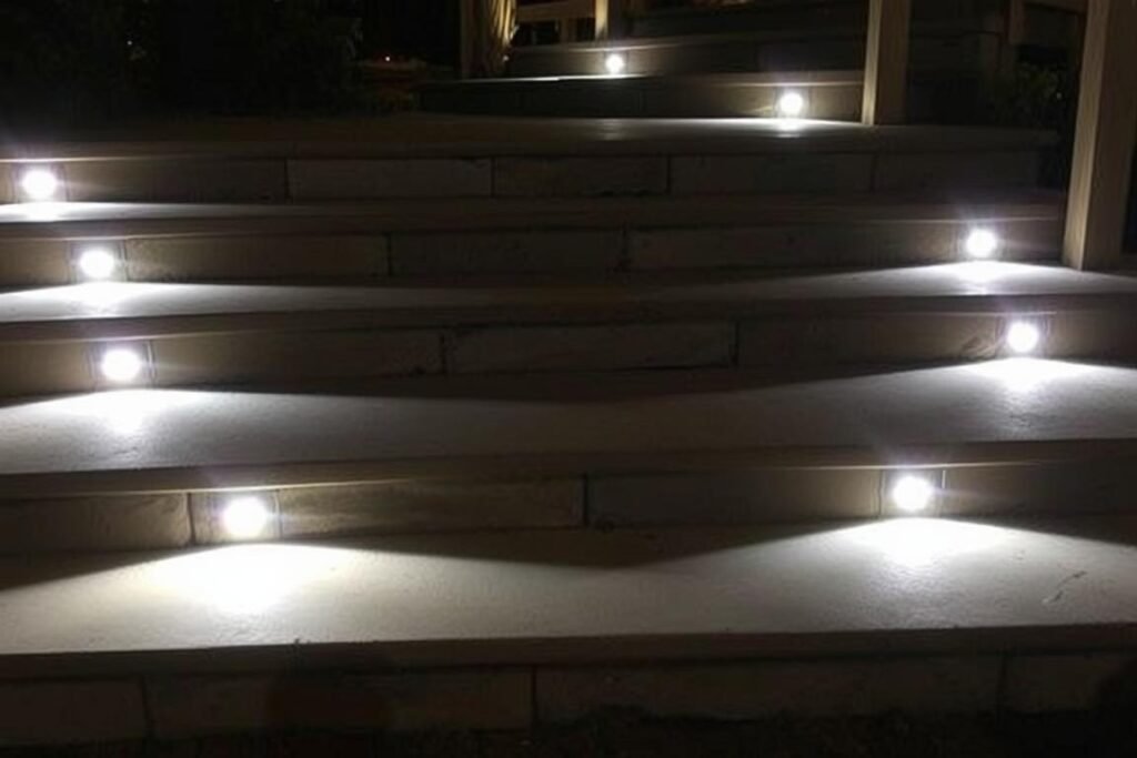 Outdoor stairway with integrated LED step lights for safety and style
