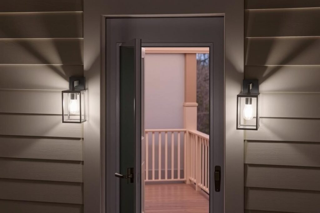 Outdoor wall sconces mounted beside a deck door providing focused light Outdoor wall sconces mounted beside a deck door providing focused light