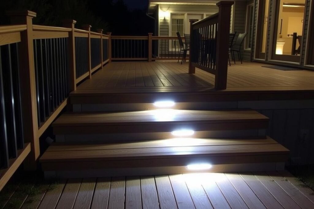 Outdoor wooden deck with integrated step lights creating a safe and stylish ambiance