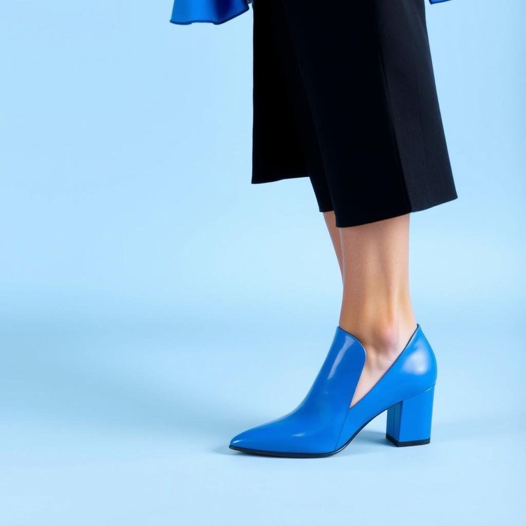Outfit demonstrating how to balance blue shoes with other blue elements
