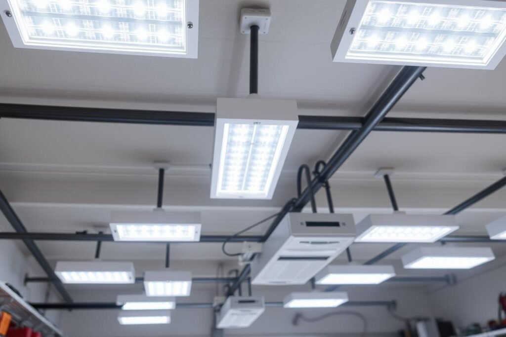 Overhead LED shop lights installed in a garage ceiling providing bright, even illumination