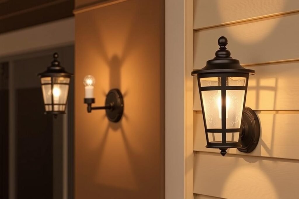 Pair of decorative outdoor wall sconces framing a patio door