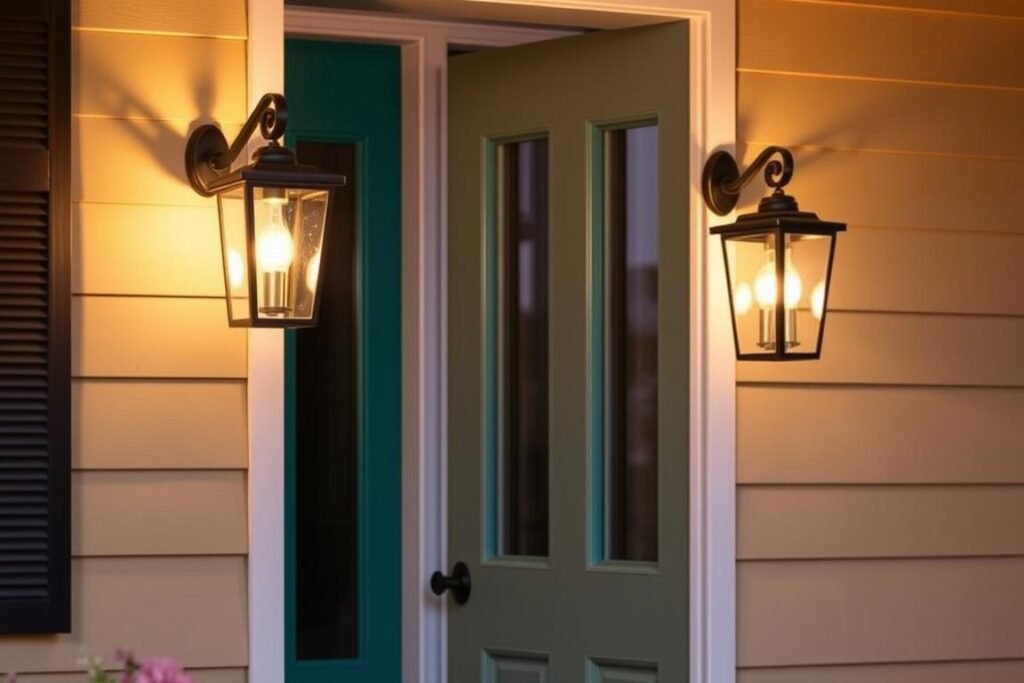 Pair of elegant wall sconces flanking a front door on a porch, creating symmetrical lighting