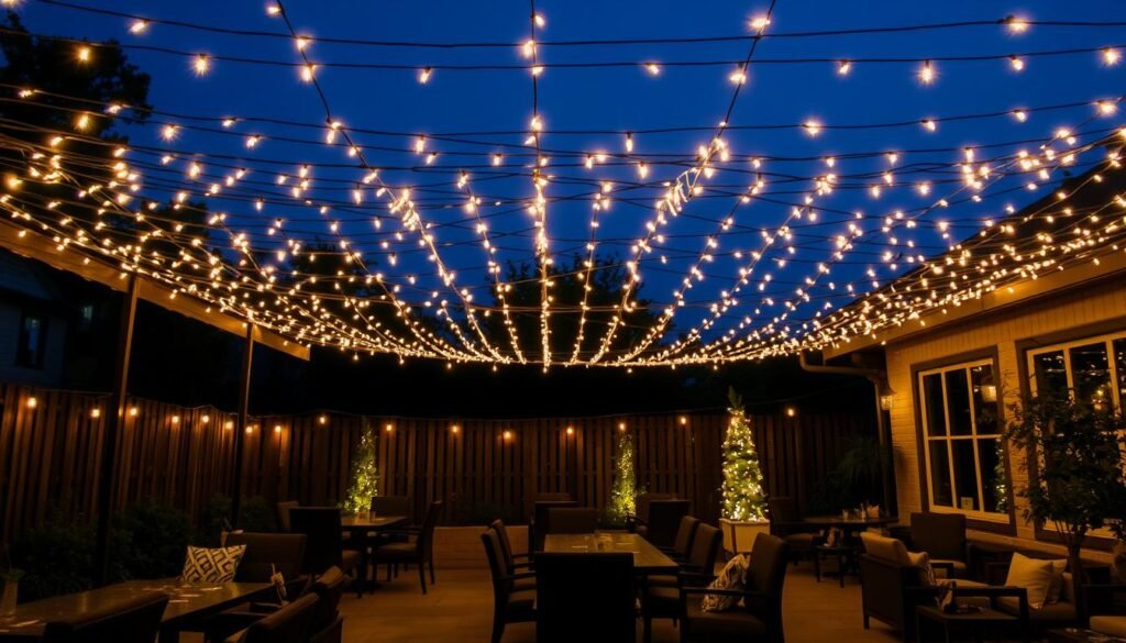 Patio area with string lights creating a magical canopy overhead