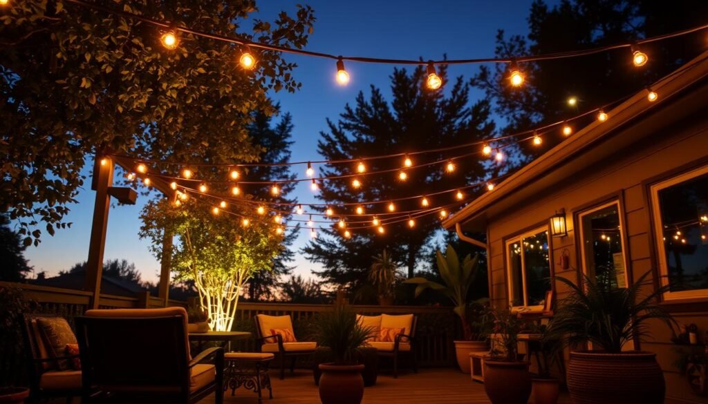 Patio at dusk with string lights creating a magical atmosphere