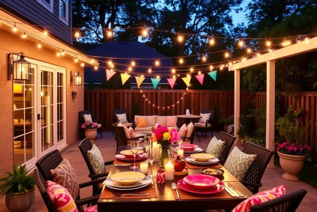 Patio decorated for a summer celebration with string lights and festive accents