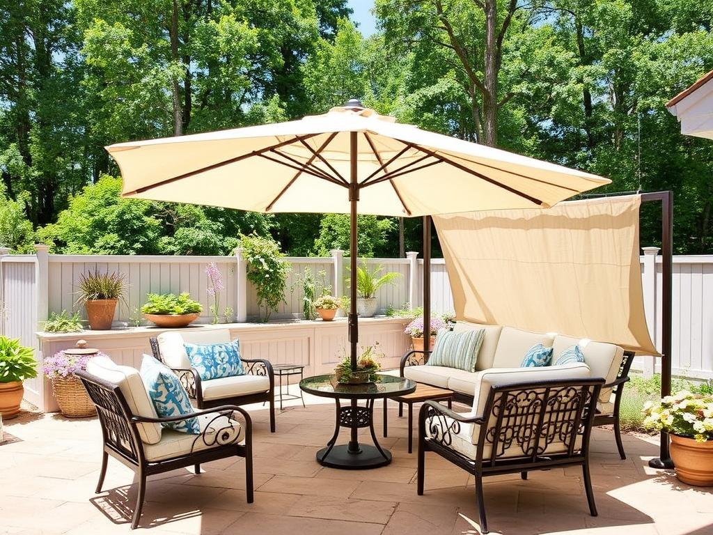 Patio umbrella and shade sail providing protection from sun over outdoor furniture