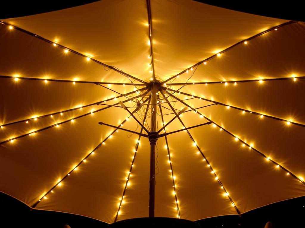 Patio umbrella decorated with outdoor string lighting creating a glowing canopy effect Patio umbrella decorated with outdoor string lighting creating a glowing canopy effect